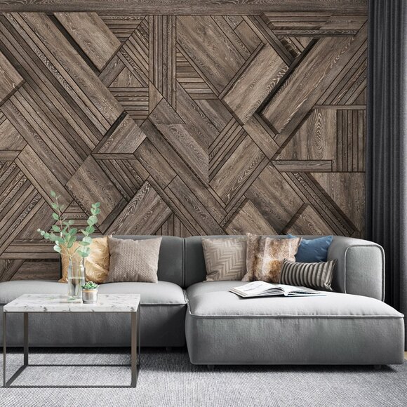 Geometric Dark Wood Panel Wallpaper | Modern Wood Wall Art | Designer Wallpaper - Picture 3 of 9